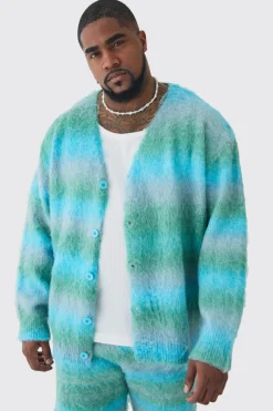 Plus Boxy Fit Knitted Brushed Stripe Cardigan | BoohooMAN UK