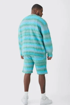 Plus Boxy Fit Knitted Brushed Stripe Cardigan | BoohooMAN UK
