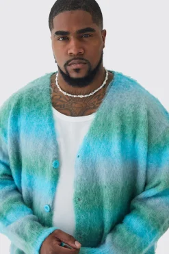 Plus Boxy Fit Knitted Brushed Stripe Cardigan | BoohooMAN UK