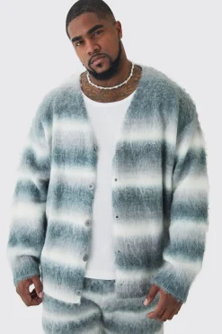 Plus Boxy Fit Knitted Brushed Stripe Cardigan | BoohooMAN UK