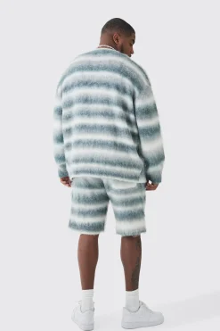 Plus Boxy Fit Knitted Brushed Stripe Cardigan | BoohooMAN UK