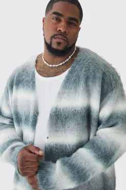 Plus Boxy Fit Knitted Brushed Stripe Cardigan | BoohooMAN UK