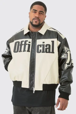 Plus Boxy Fit PU Moto Collared Bomber | BoohooMAN UK