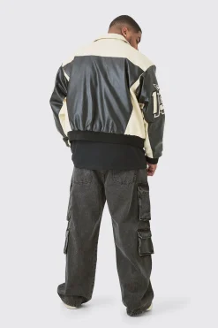 Plus Boxy Fit PU Moto Collared Bomber | BoohooMAN UK