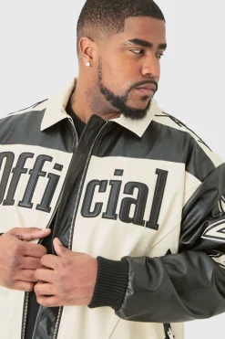 Plus Boxy Fit PU Moto Collared Bomber | BoohooMAN UK