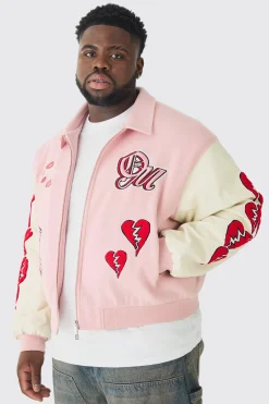 Plus Boxy Heart Applique Varsity Bomber | BoohooMAN UK