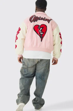 Plus Boxy Heart Applique Varsity Bomber | BoohooMAN UK