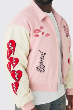 Plus Boxy Heart Applique Varsity Bomber | BoohooMAN UK
