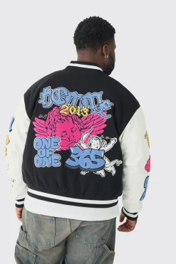 Plus Boxy Homme Badge PU Sleeve Varsity Jacket In Black | BoohooMAN UK
