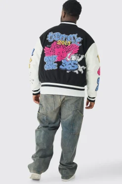 Plus Boxy Homme Badge PU Sleeve Varsity Jacket In Black | BoohooMAN UK
