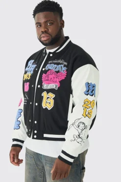 Plus Boxy Homme Badge PU Sleeve Varsity Jacket In Black | BoohooMAN UK