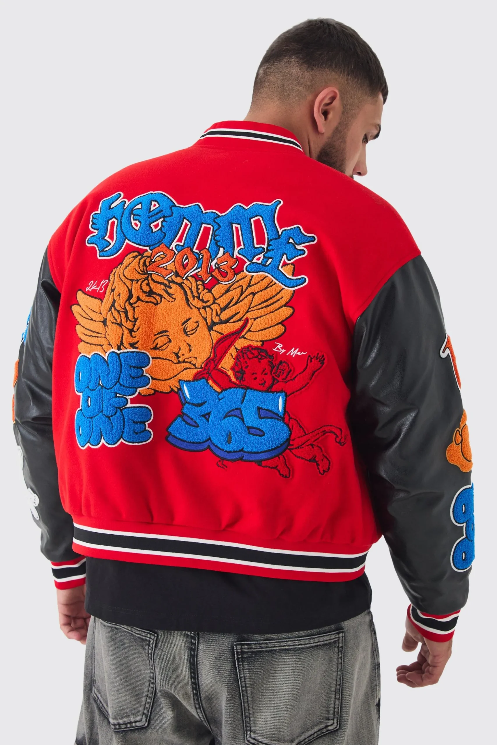 Plus Boxy Homme Badge PU Sleeve Varsity Jacket In Red | BoohooMAN UK