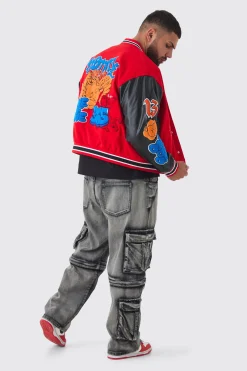 Plus Boxy Homme Badge PU Sleeve Varsity Jacket In Red | BoohooMAN UK