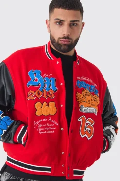 Plus Boxy Homme Badge PU Sleeve Varsity Jacket In Red | BoohooMAN UK