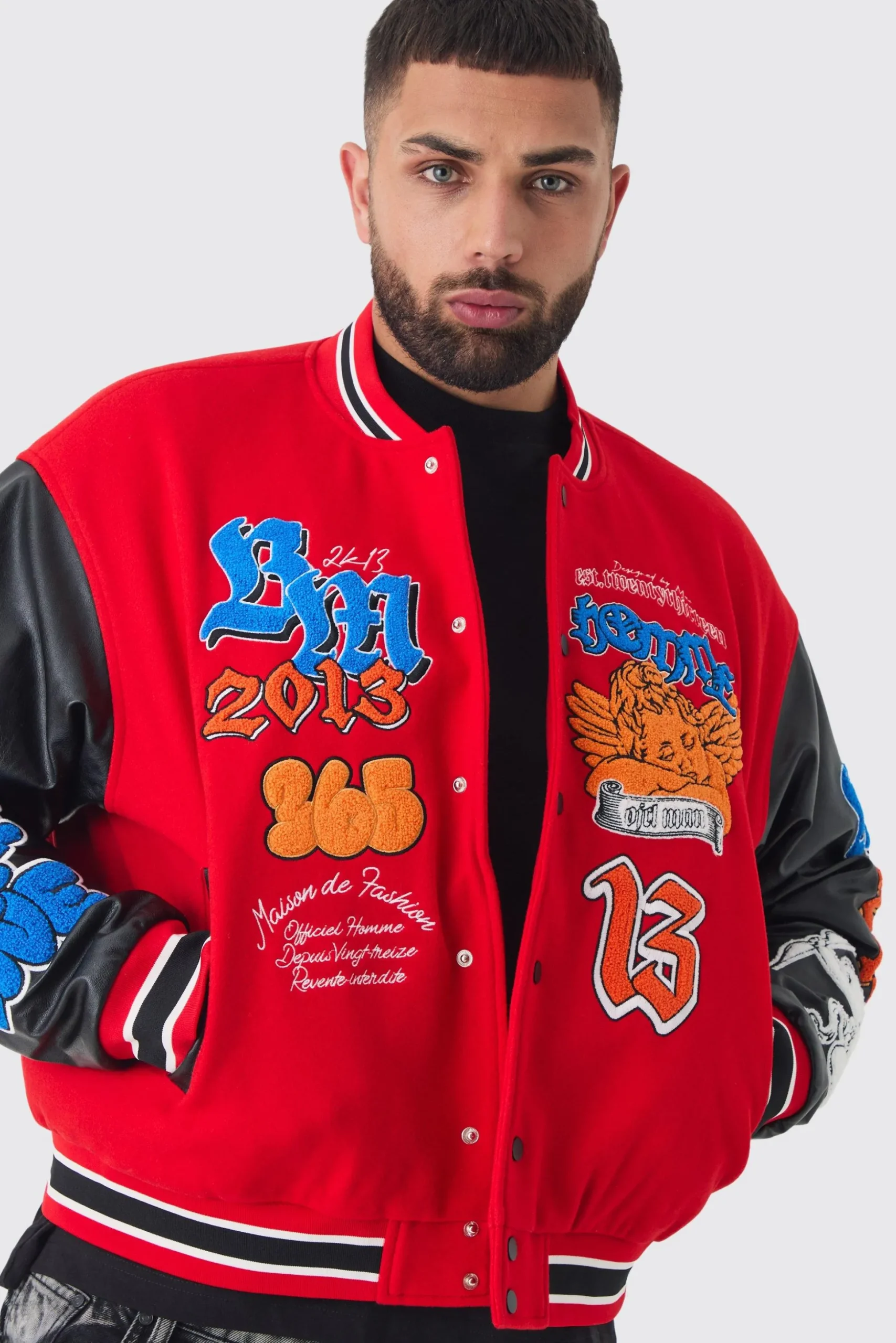 Plus Boxy Homme Badge PU Sleeve Varsity Jacket In Red | BoohooMAN UK