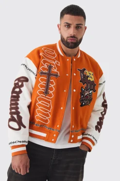 Plus Boxy Limited Badge PU Sleeve Varsity Jacket In Orange | BoohooMAN UK