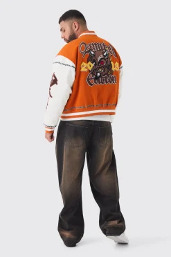Plus Boxy Limited Badge PU Sleeve Varsity Jacket In Orange | BoohooMAN UK
