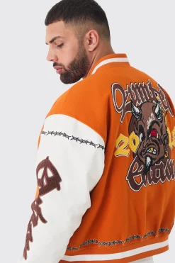 Plus Boxy Limited Badge PU Sleeve Varsity Jacket In Orange | BoohooMAN UK