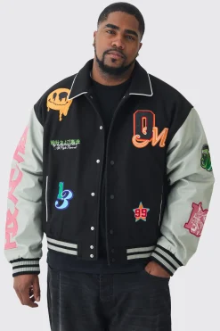 Plus Boxy Melton PU Varsity Badge Jacket | BoohooMAN UK
