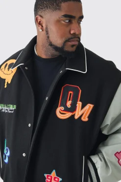 Plus Boxy Melton PU Varsity Badge Jacket | BoohooMAN UK
