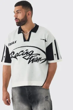 Plus Boxy Moto Knitted Polo | BoohooMAN UK
