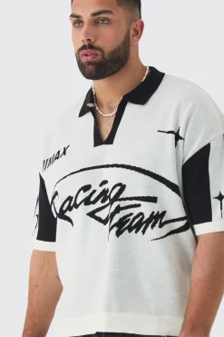 Plus Boxy Moto Knitted Polo | BoohooMAN UK