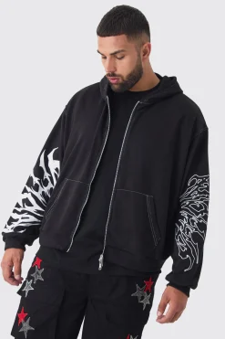 Plus Boxy Oversized Embroidery Hoodie | BoohooMAN UK