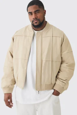Plus Boxy Panel Padded Nylon Bomber Jacket In Stone | BoohooMAN UK