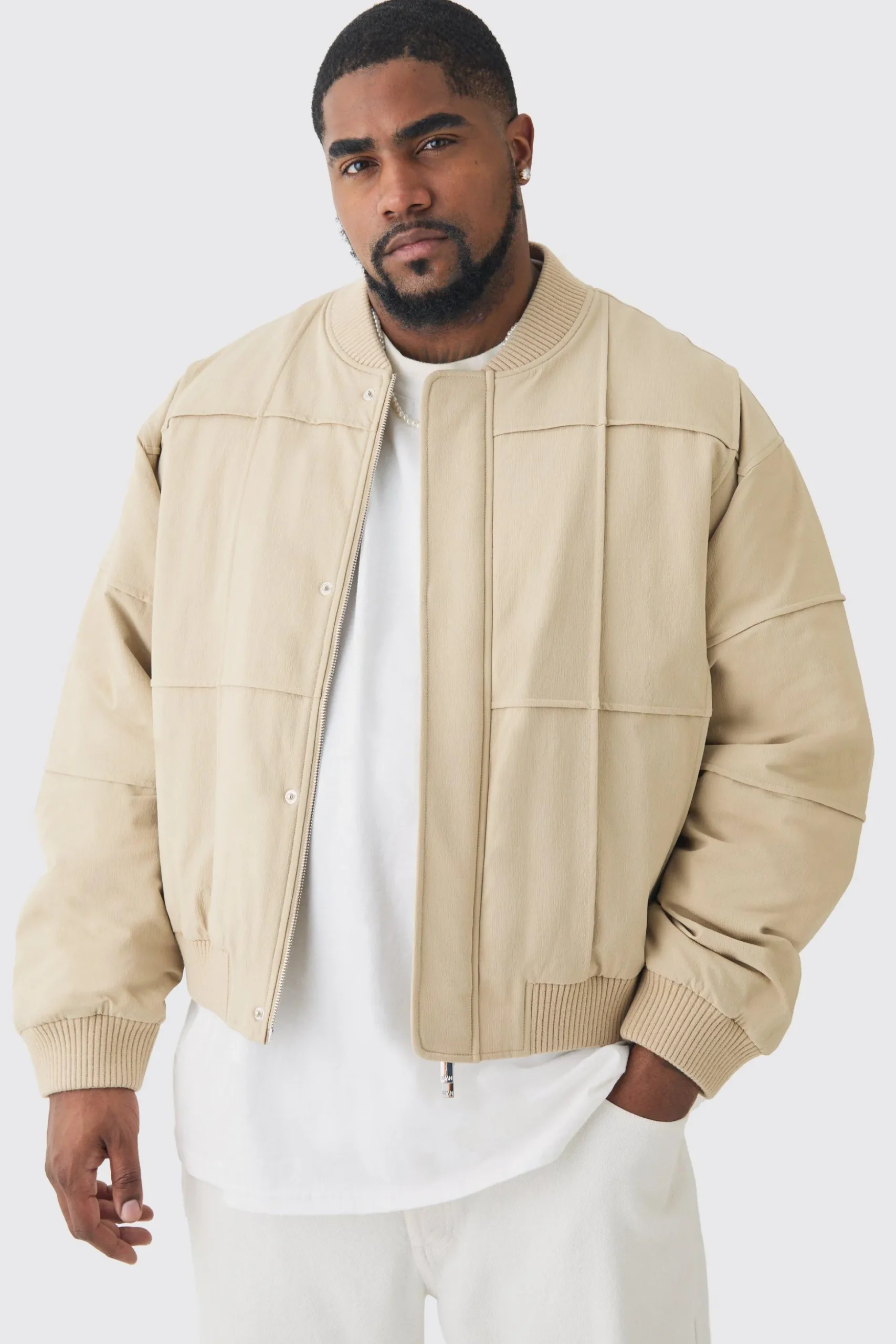 Plus Boxy Panel Padded Nylon Bomber Jacket In Stone | BoohooMAN UK