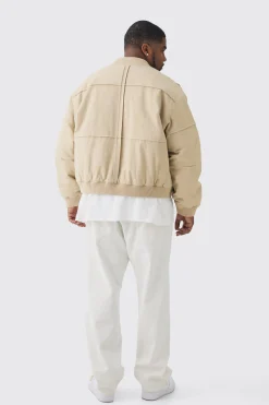 Plus Boxy Panel Padded Nylon Bomber Jacket In Stone | BoohooMAN UK
