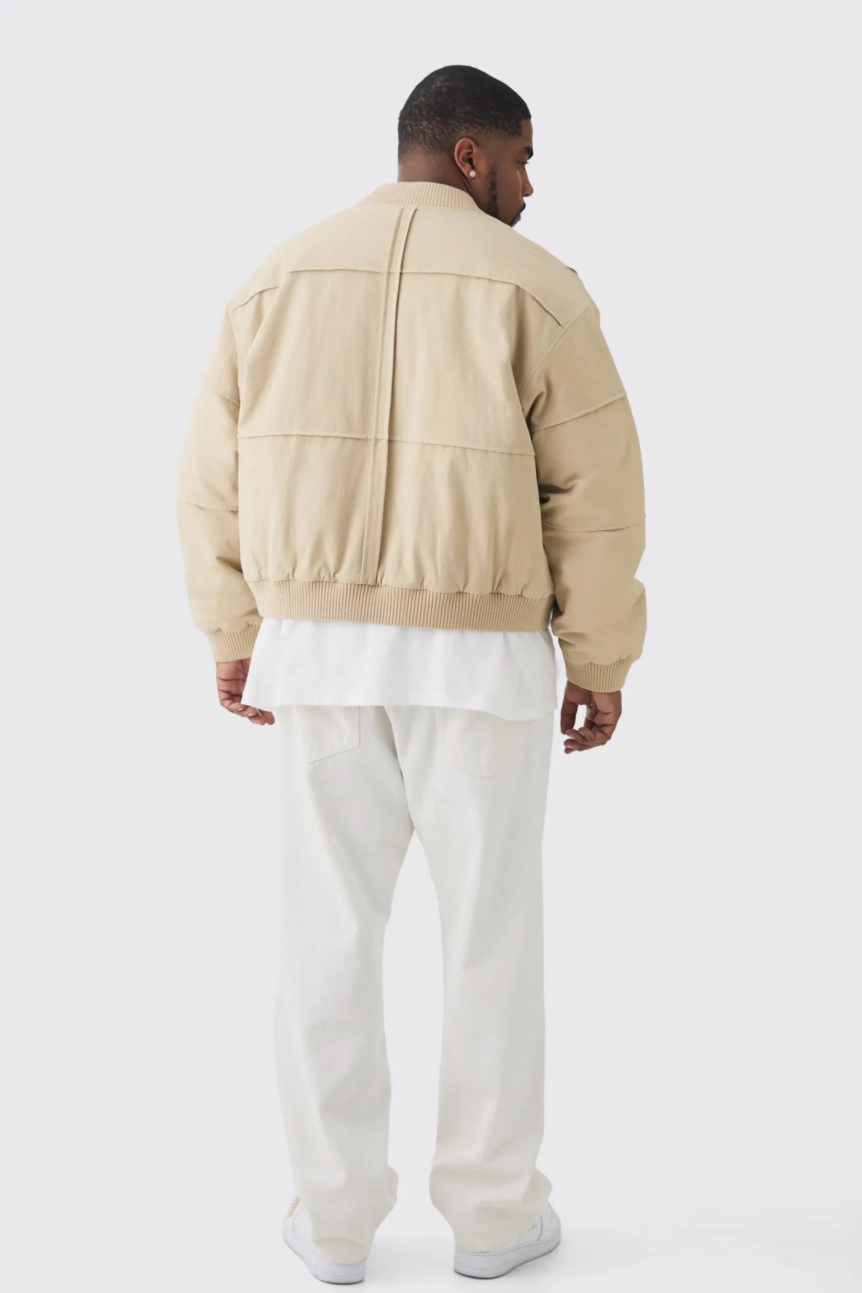 Plus Boxy Panel Padded Nylon Bomber Jacket In Stone | BoohooMAN UK