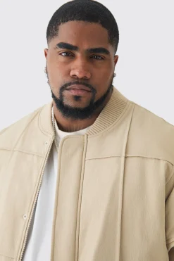Plus Boxy Panel Padded Nylon Bomber Jacket In Stone | BoohooMAN UK