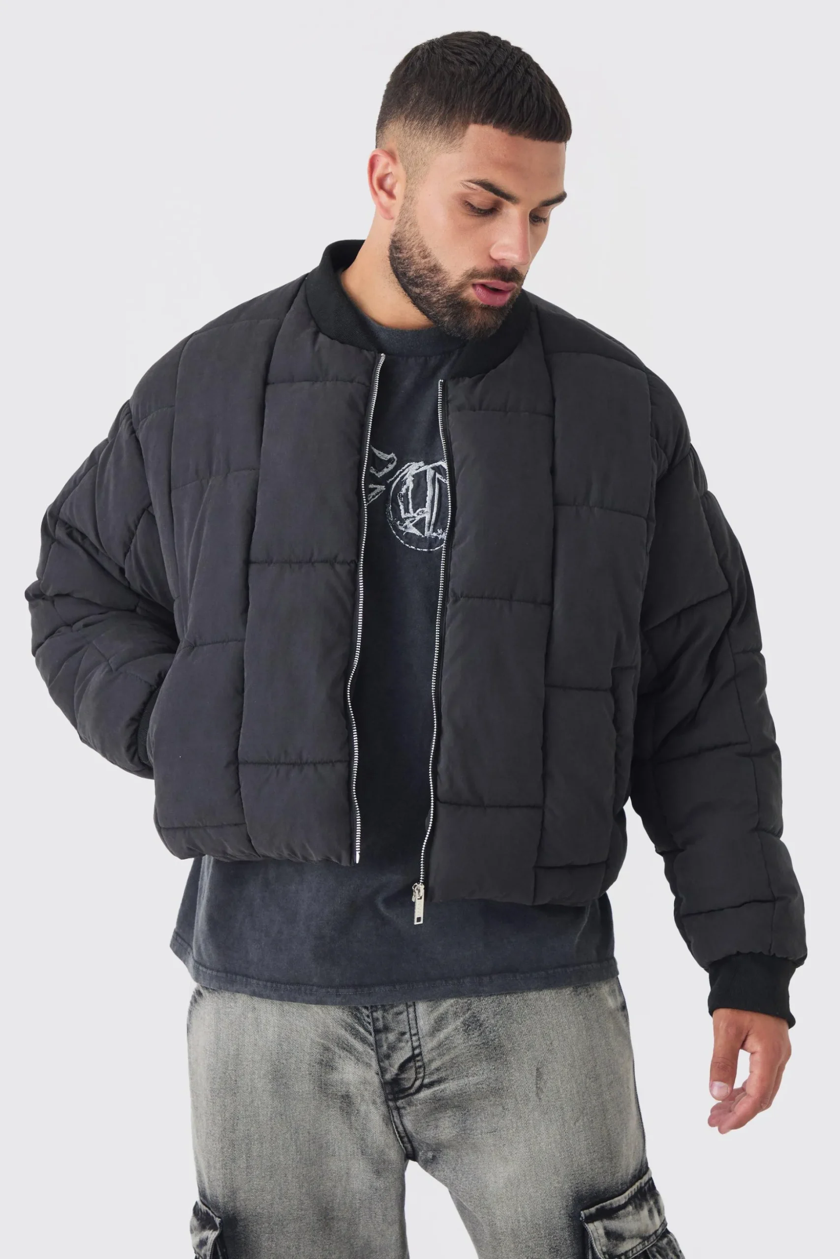 Plus Boxy Peached Square Quilted Bomber Jacket | BoohooMAN UK