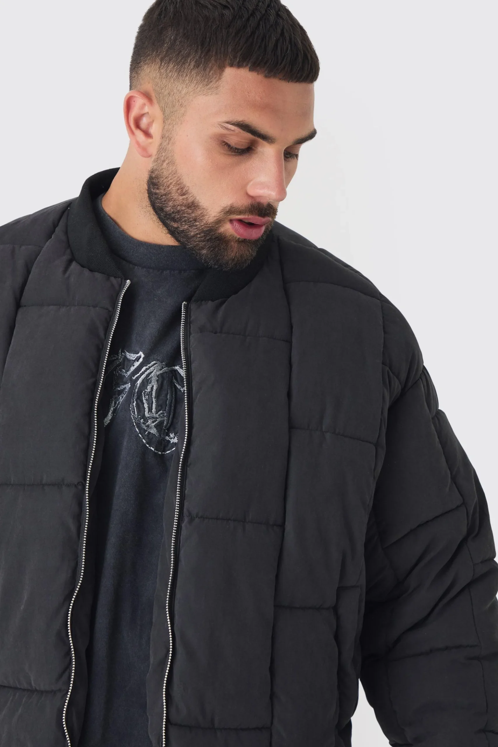 Plus Boxy Peached Square Quilted Bomber Jacket | BoohooMAN UK
