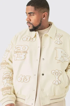 Plus Boxy PU Tonal Badge Varsity Jacket | BoohooMAN UK