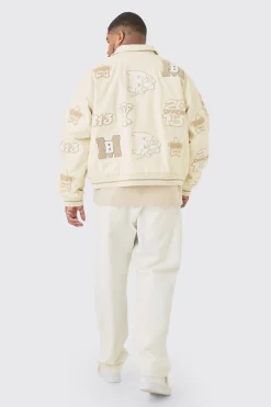 Plus Boxy PU Tonal Badge Varsity Jacket | BoohooMAN UK