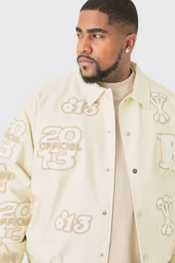 Plus Boxy PU Tonal Badge Varsity Jacket | BoohooMAN UK