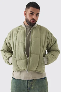 Plus Boxy Quilted Bomber Jacket In Sage | BoohooMAN UK
