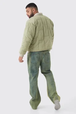 Plus Boxy Quilted Bomber Jacket In Sage | BoohooMAN UK