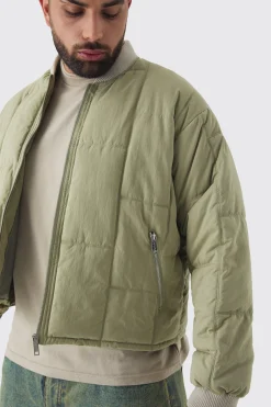 Plus Boxy Quilted Bomber Jacket In Sage | BoohooMAN UK