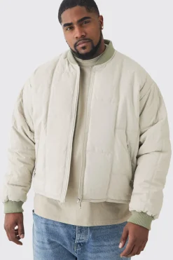 Plus Boxy Quilted Bomber Jacket In Stone | BoohooMAN UK
