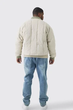 Plus Boxy Quilted Bomber Jacket In Stone | BoohooMAN UK