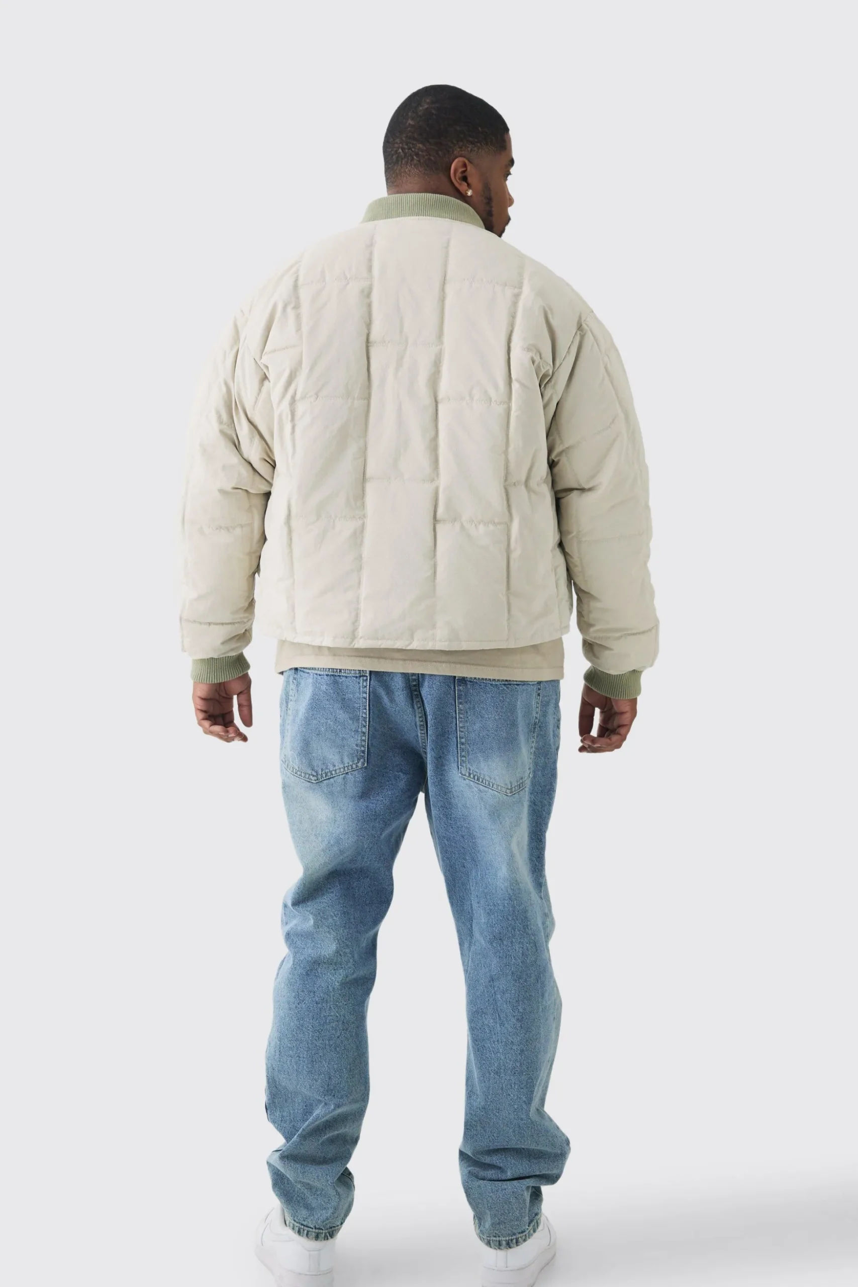 Plus Boxy Quilted Bomber Jacket In Stone | BoohooMAN UK