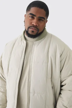 Plus Boxy Quilted Bomber Jacket In Stone | BoohooMAN UK