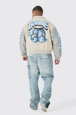Plus Boxy Teddy Applique Bomber | BoohooMAN UK