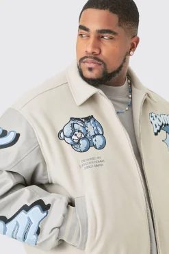 Plus Boxy Teddy Applique Bomber | BoohooMAN UK