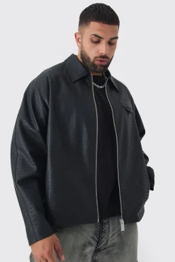 Plus Boxy Textured PU Harrington Jacket In Black | BoohooMAN UK