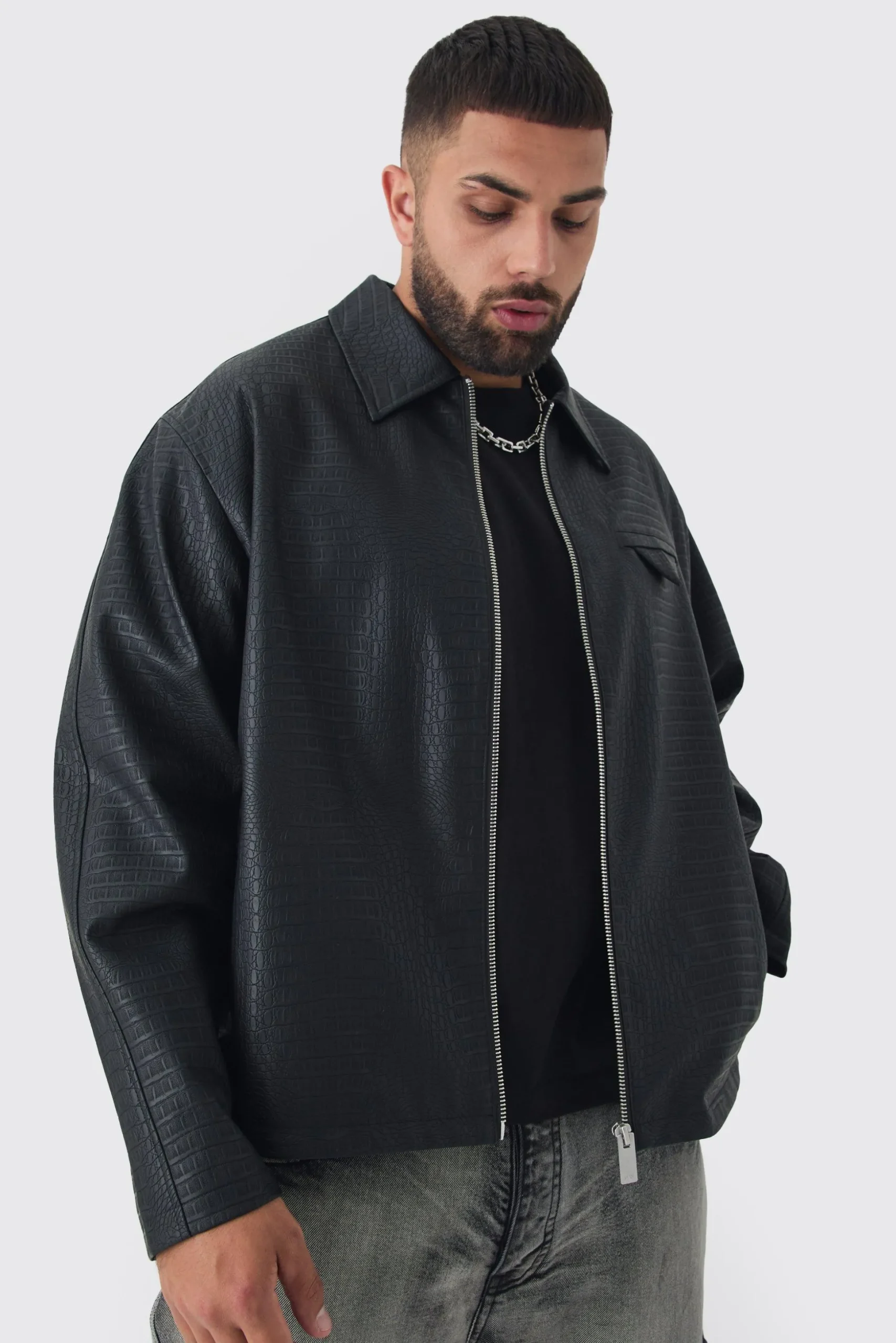 Plus Boxy Textured PU Harrington Jacket In Black | BoohooMAN UK