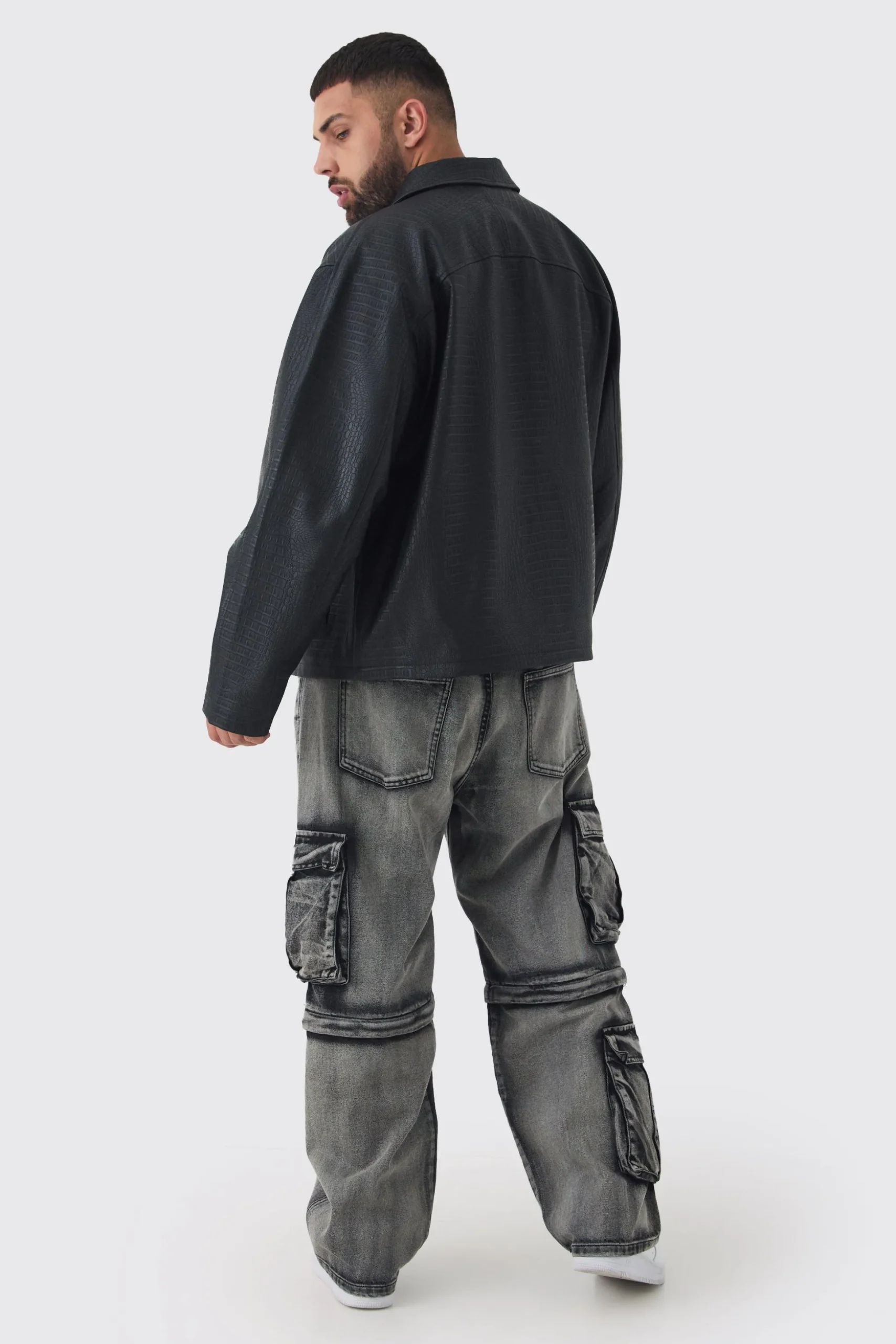 Plus Boxy Textured PU Harrington Jacket In Black | BoohooMAN UK