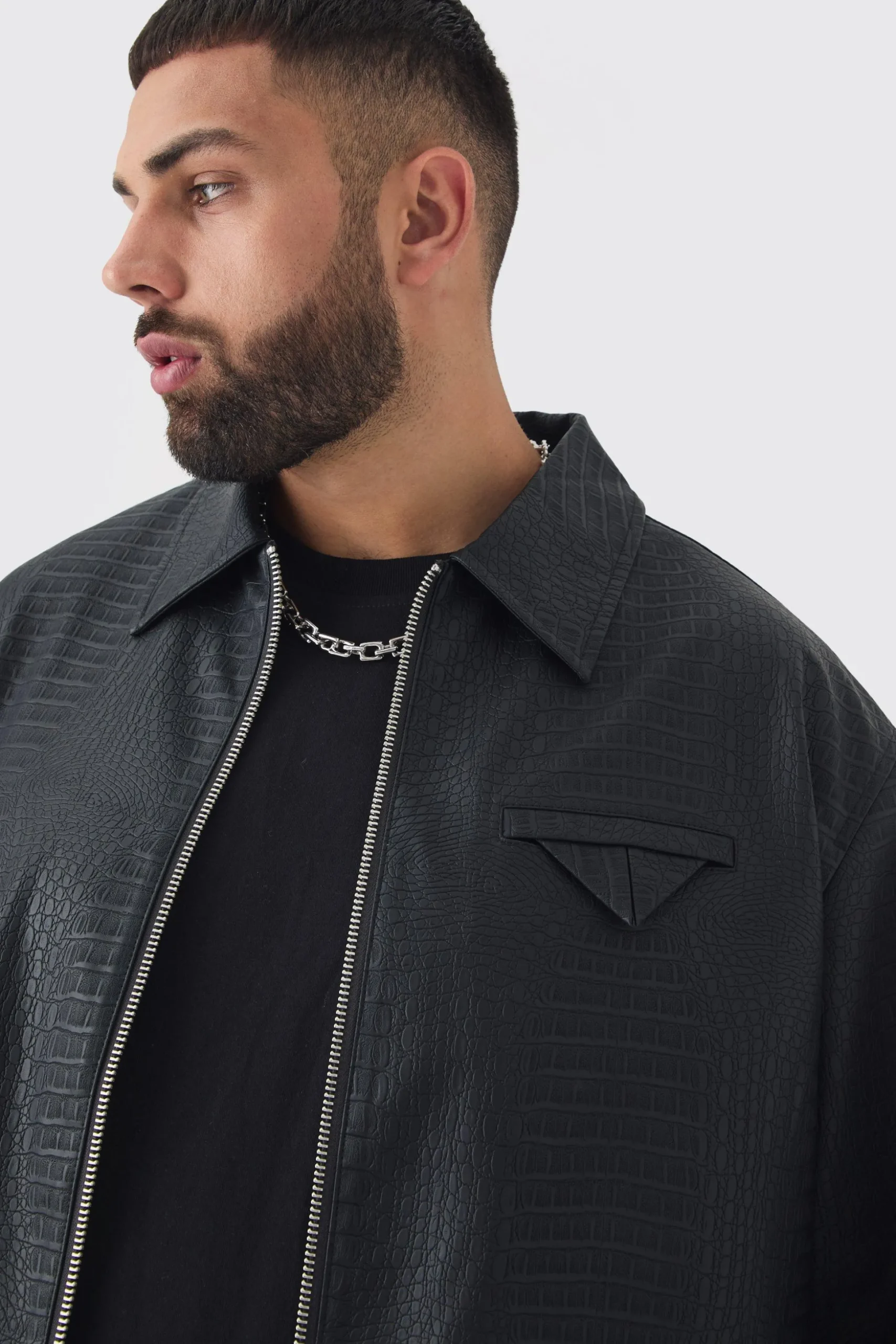Plus Boxy Textured PU Harrington Jacket In Black | BoohooMAN UK
